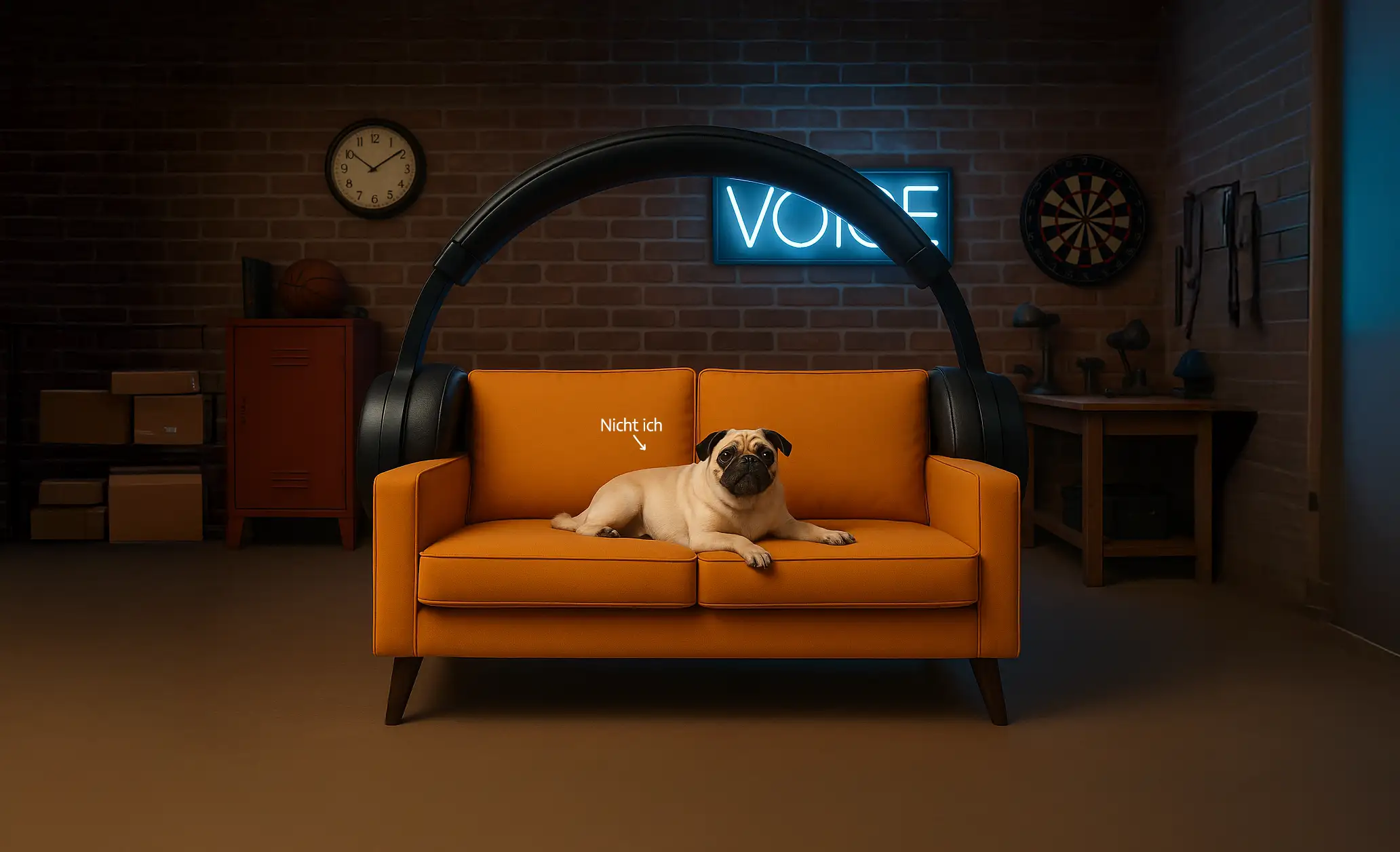 Ein Mops sitzt auf einem orangefarbenen Sofa das einen riesigen Kopfhörer trägt