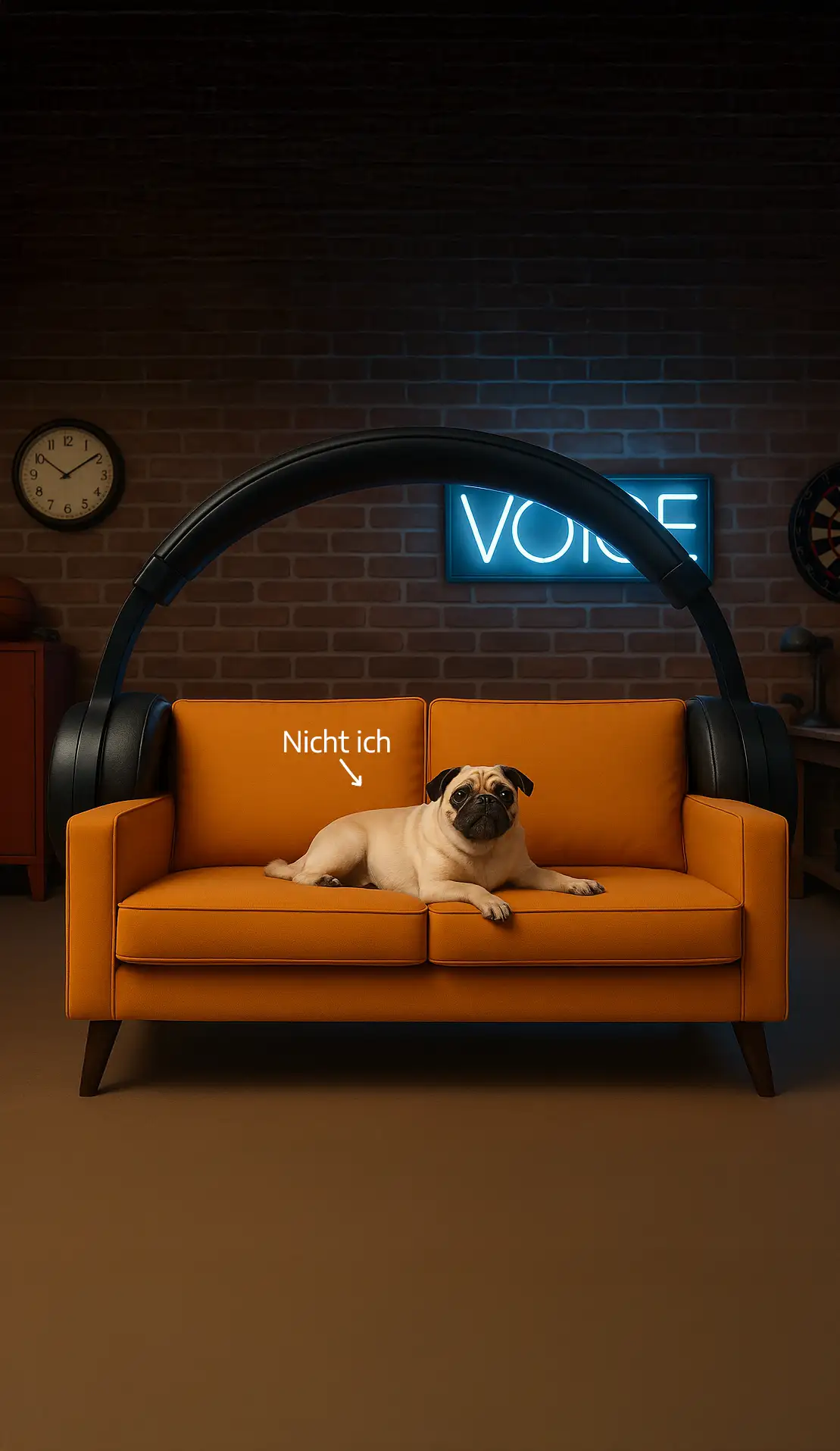 Ein Mops sitzt auf einem orangefarbenen Sofa das einen riesigen Kopfhörer trägt